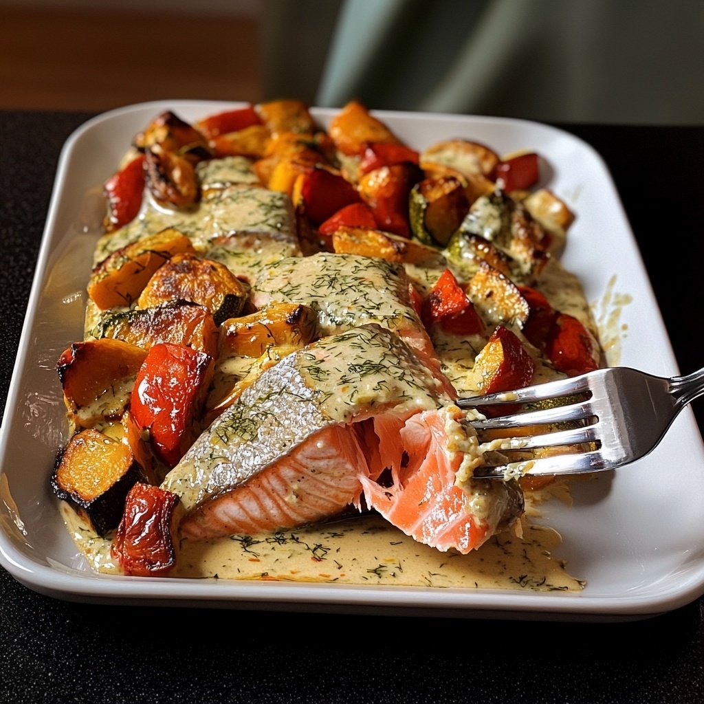 Lachs mit Ofengemüse & Zitronen-Dill-Sauce